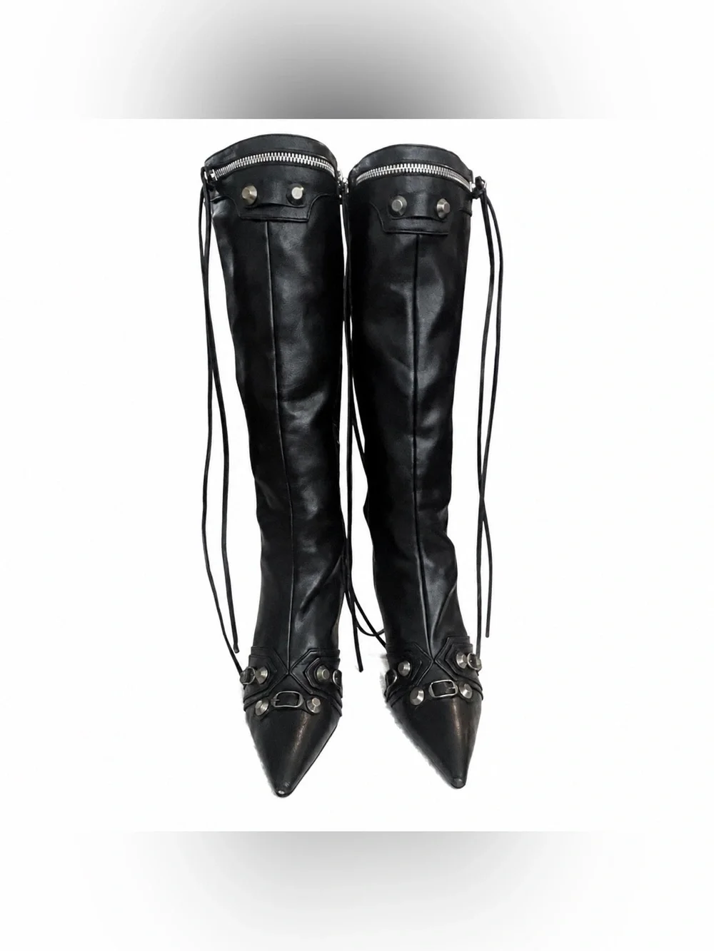 Black Faux Leather Knee-High Pointed Toe Boots